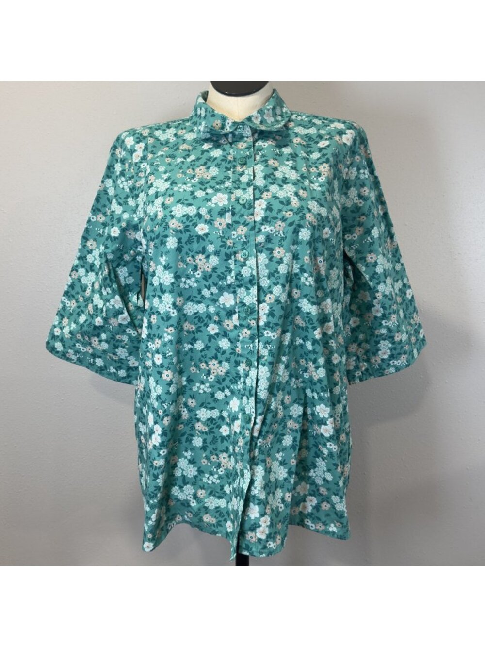 American Sweetheart Floral Button-Up Shirt Womens Size XL 3/4 Sleeves Green